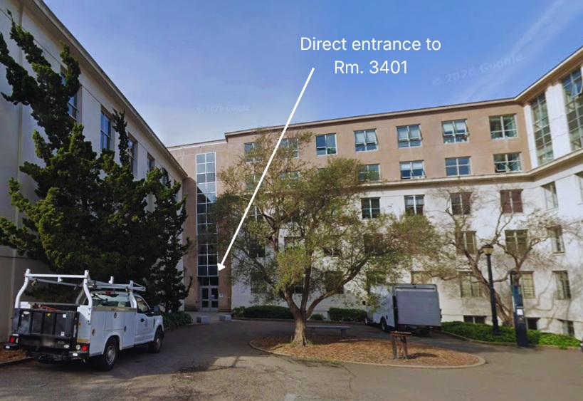 photo of Dwinelle Hall showing the entrance on the east side of the building